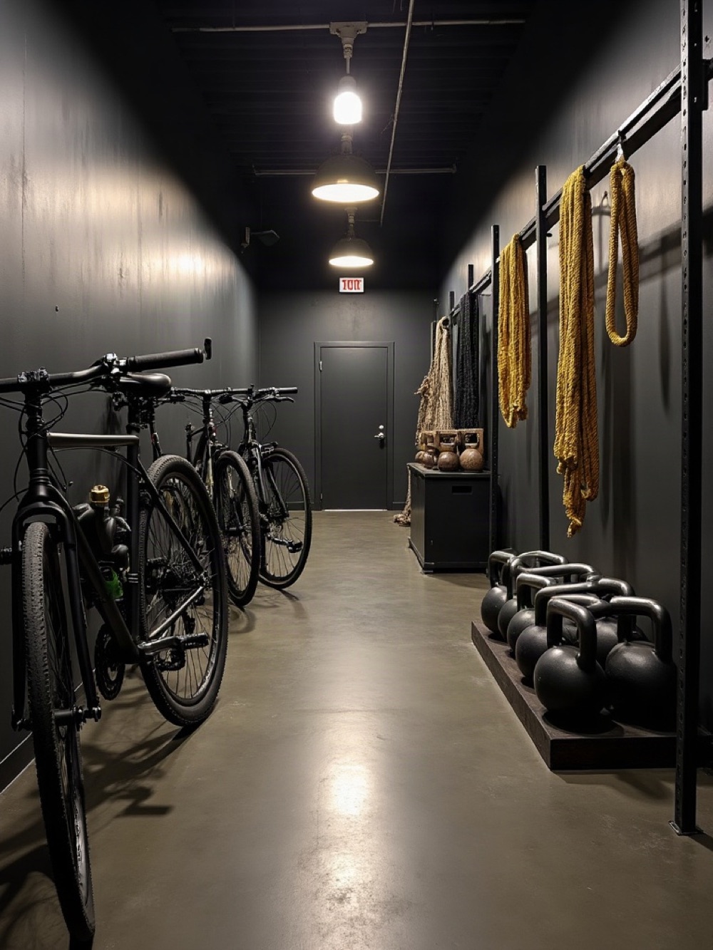 Conditioning aisle with ropes, a sled, and kettlebells