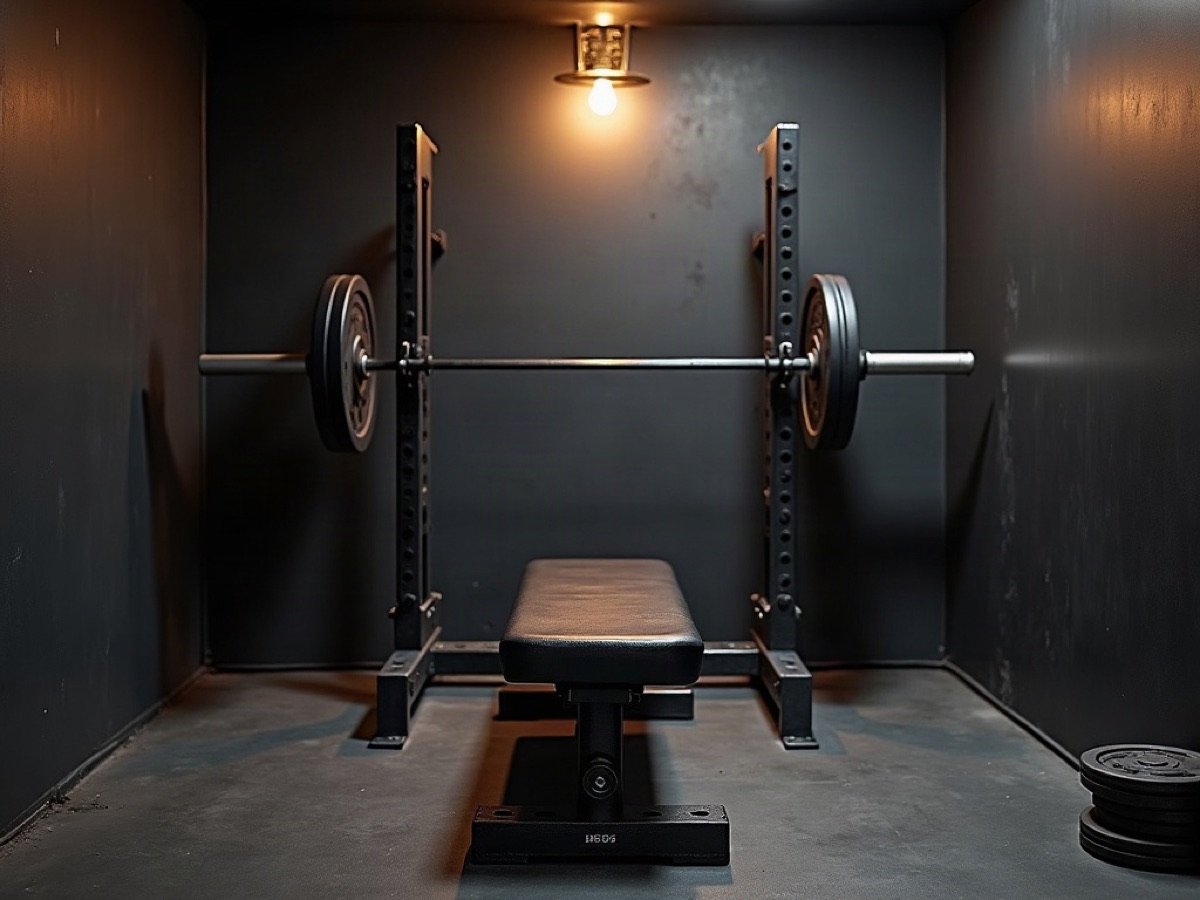 Flat bench and half rack in a tight home-gym bay