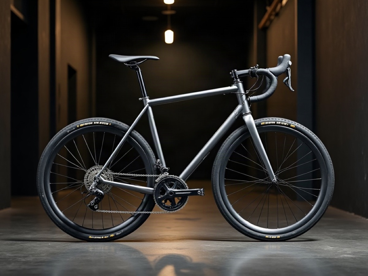 Unmarked charcoal bicycle beside a power-rack upright