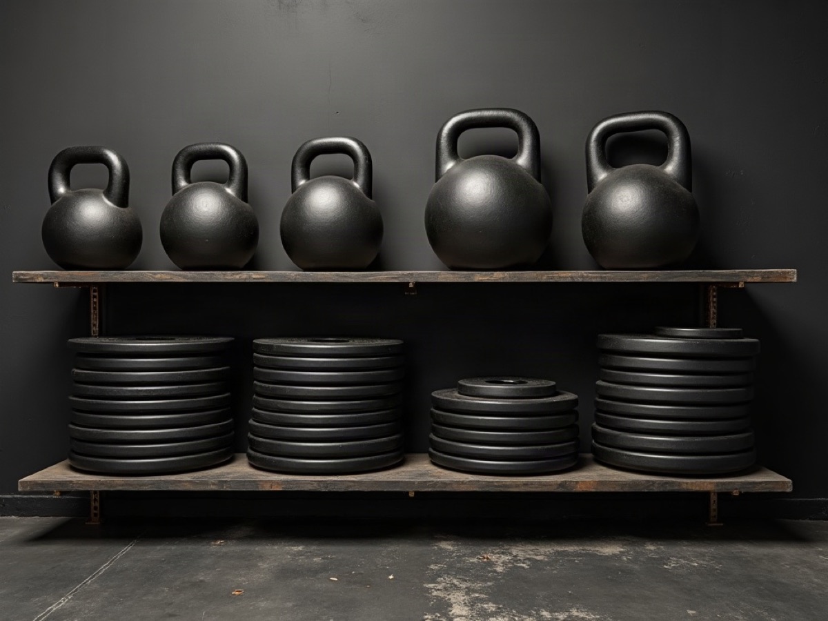 Stacks of blank bumper plates under a shelf of kettlebells